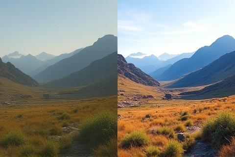 Before and after photo editing comparison showing a landscape photo transformed with enhanced colors and contrast.