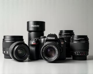 Collection of camera gear including a camera body, lenses, and a flash.